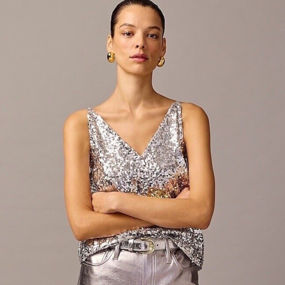 M / NWT J. Crew Collection Carrie V-neck Sequin Camisole Silver